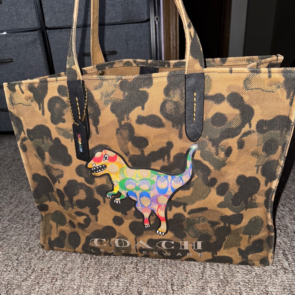 Coach Brown Camo Tote with Colorful Dinosaur